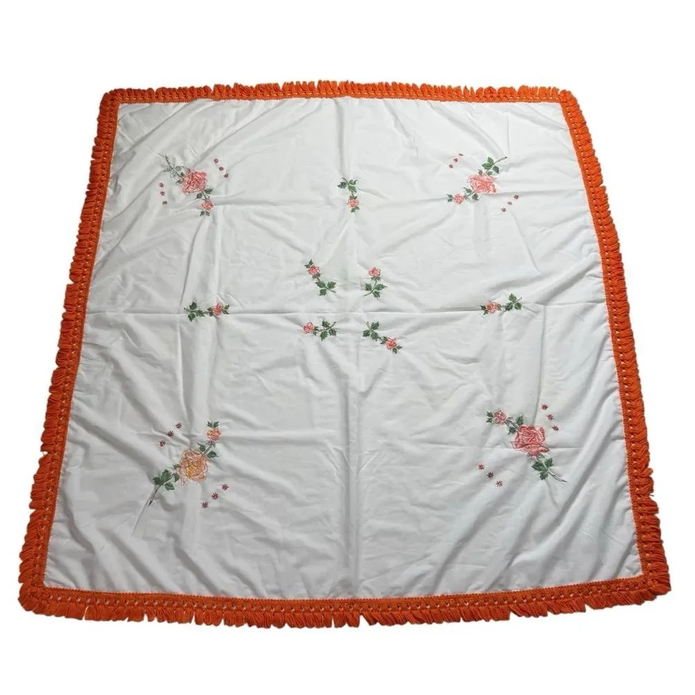 Vintage Hand Embroidered Floral Tablecloth Orange Fringe